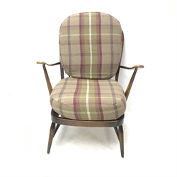 Ercol beech framed Windsor armchair, upholstered back and seat, turned supports, W72cm