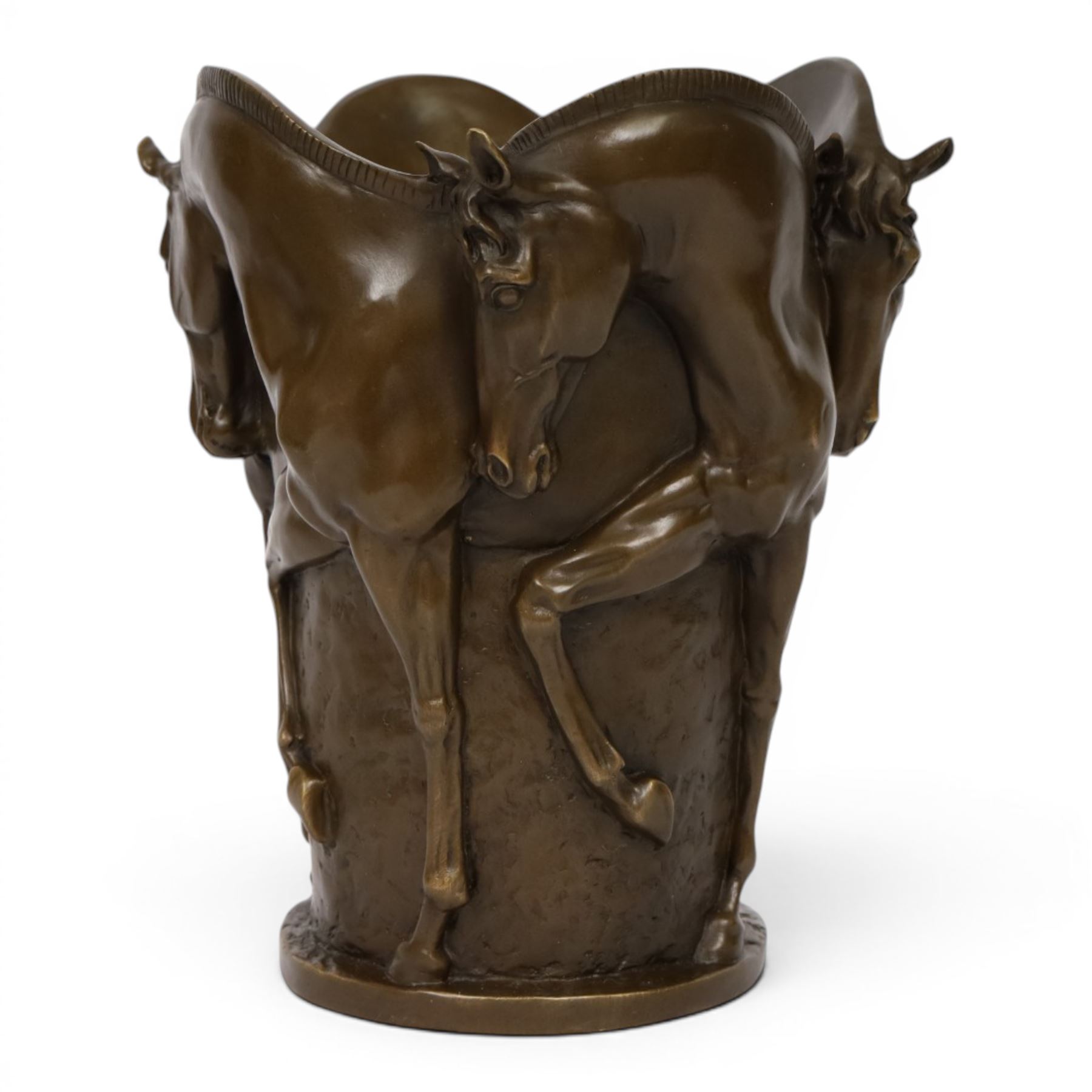 Bronze vase, of tapering cylindrical form, cast with the forms of four prancing horses, signed Milo and with foundry mark, H25cm D19cm