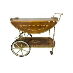 Early 20th century Italian marquetry walnut and satinwood drinks trolley wagon, two-tier with drop leaves and pierce brass gallery