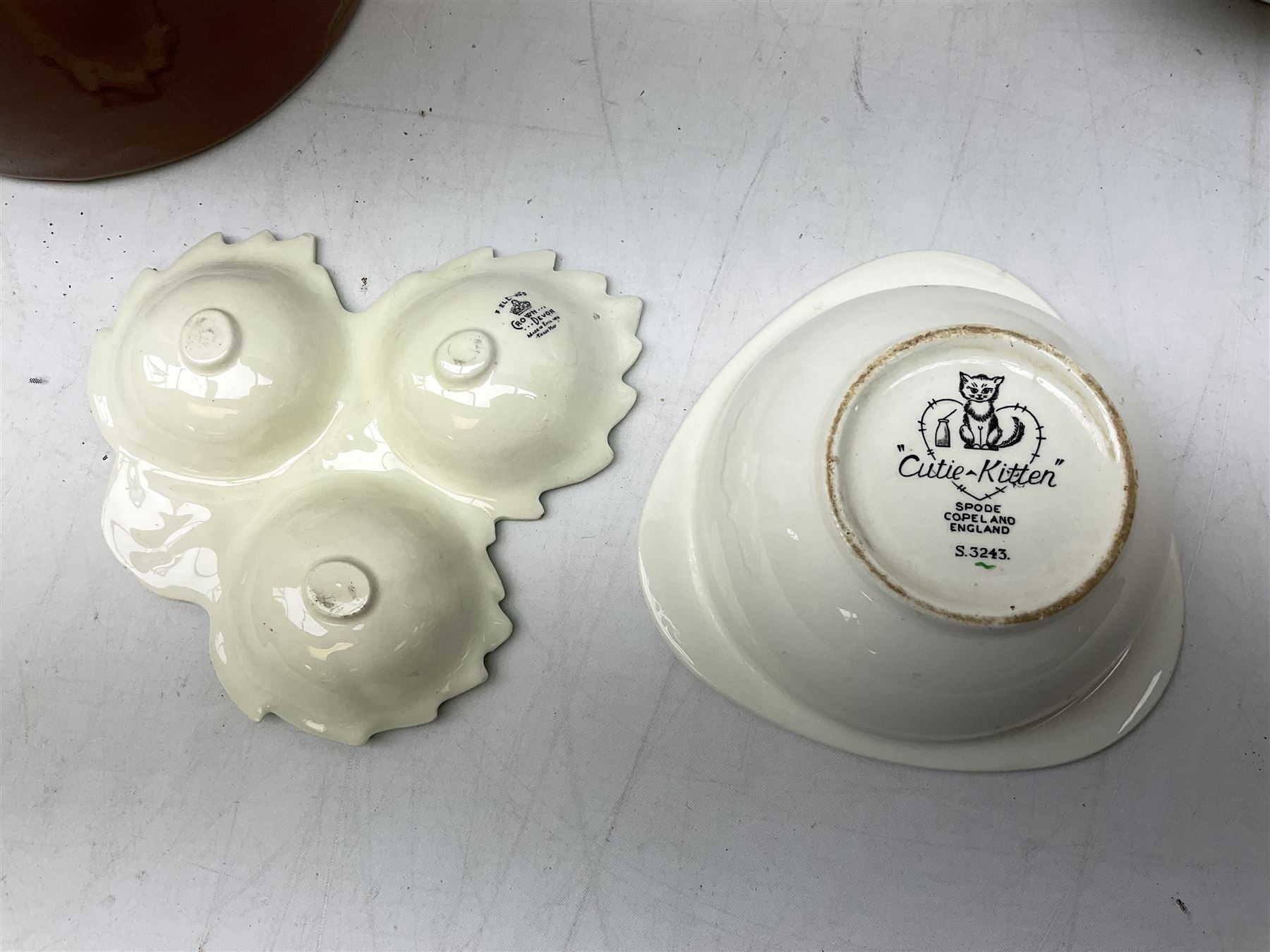 Mid century Spode Copeland 'Cutie Kitten' bowl, Crown Ducal King George VI and Queen Elizabeth Coronation Emu Wines flask with stopper, c1937, Carlton Ware sauce boat and saucer, Crown Devon and quantity of ceramic jugs etc