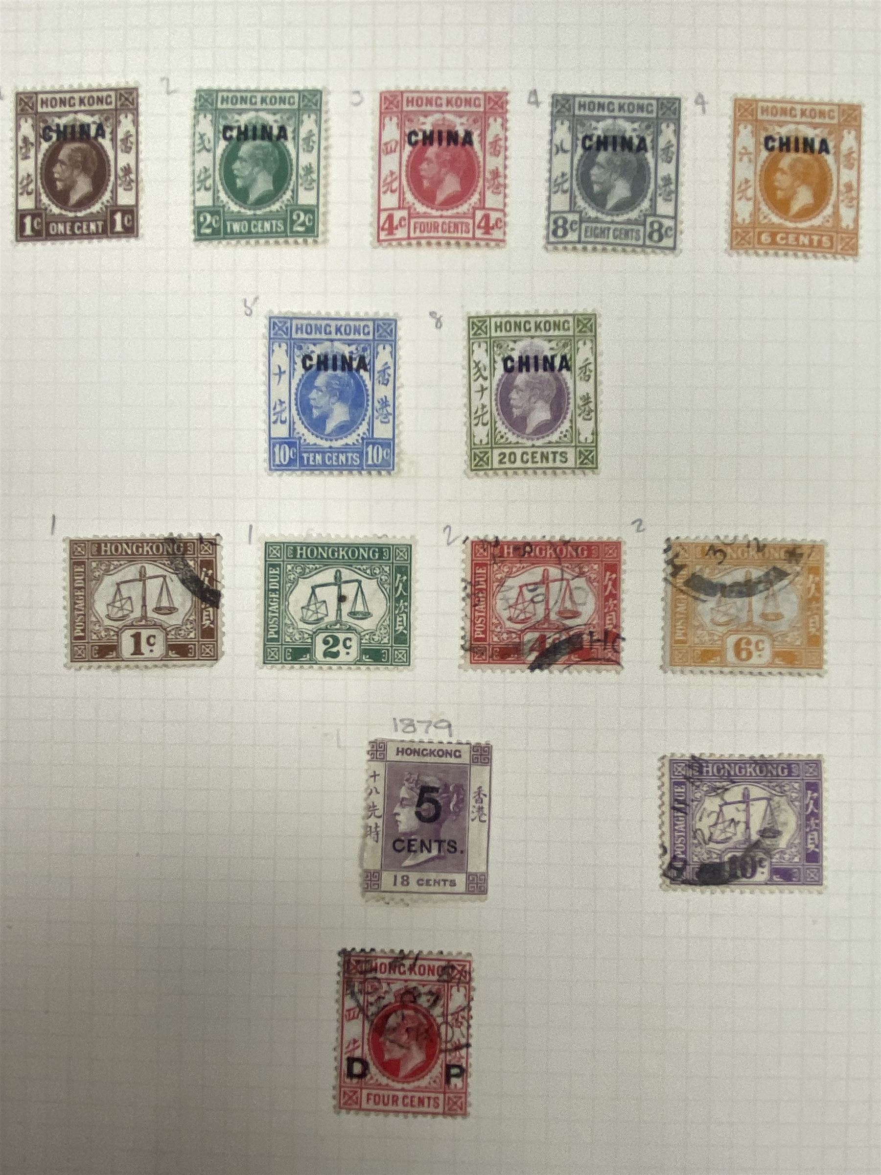 Hong Kong Queen Victoria and later stamps, including 1874-1902 postal fiscal stamps, various King Edward VII issues including one dollars, China overprints etc, housed on pages