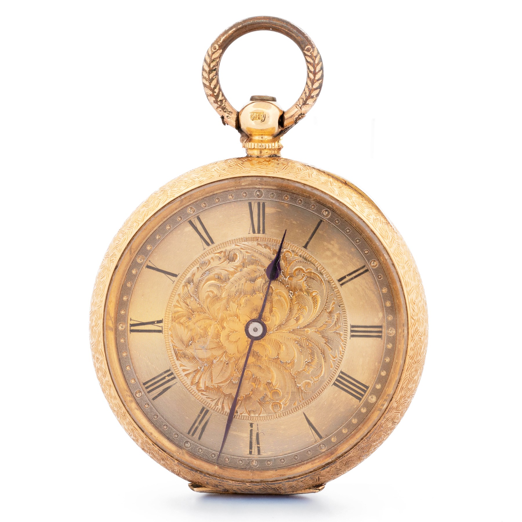 19th / early 20th century 18ct gold open face key wound pocket watch, gilt dial with Roman numeral hour markers, engraved foliate case with empty cartouche, the inner dust cover engraved H. Samuel, Manchester, stamped K18 with Helvetia hallmark