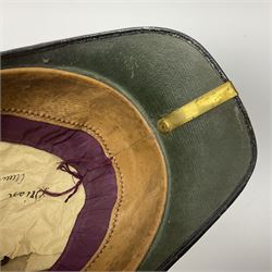 Late Victorian North Staffordshire Regiment Officer's Home Service Blue Cloth Helmet, having incorrect other ranks gilt metal Queen's crown helmet plate to the front with later leather backing, removable spike to the top on a shaped cruciform base with rosette fittings, rosette side bosses, brass trim to the front peak, and leather and velvet backed chin scales, with leather sweat band, the interior with makers stamp for Hawkes & Co 14 Piccadilly London