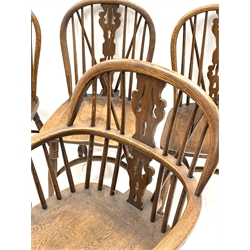 Late 20th century set six (4+2) oak Windsor dining chairs, hoop and stick back with pierced and fretwork splat, turned supports connected by crinoline stretcher