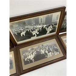 A 20th century framed and glazed black and white photograph depicting and inscribed The Central Union of Chinese Students in Great Britain and Ireland, Annual Dinner in Celebration of the 17th Anniversary of the Republish of Chine, Holborn Restaurant, London, 10th October, 1928, Chairman: T P Ching Esq, together with a further five similar examples, largest overall H36cm L57.5cm. (6). 