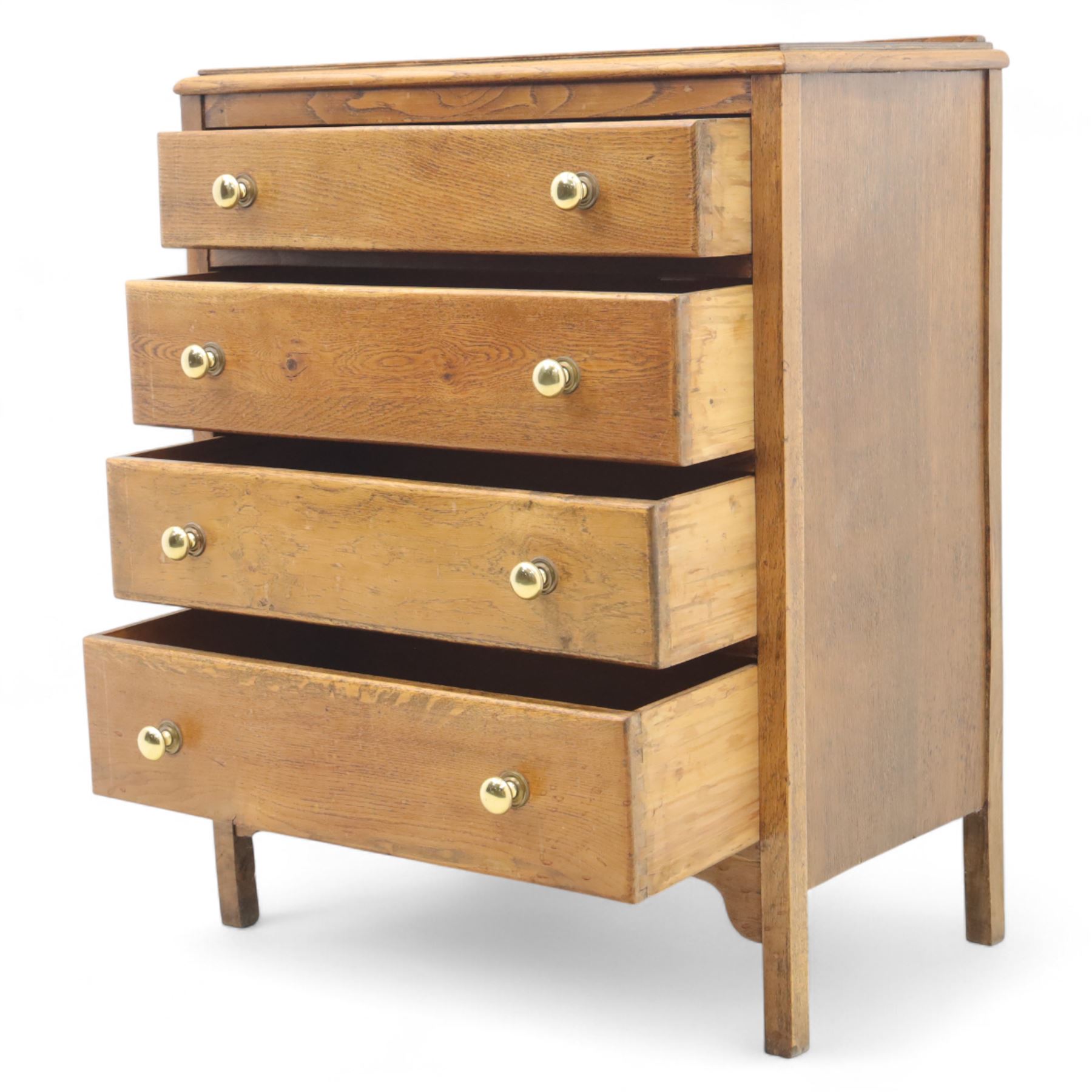 Mid-20th century elm chest, fitted with four long drawers with brass knop handles, the rectangular top with moulded edge, raised on bracket feet