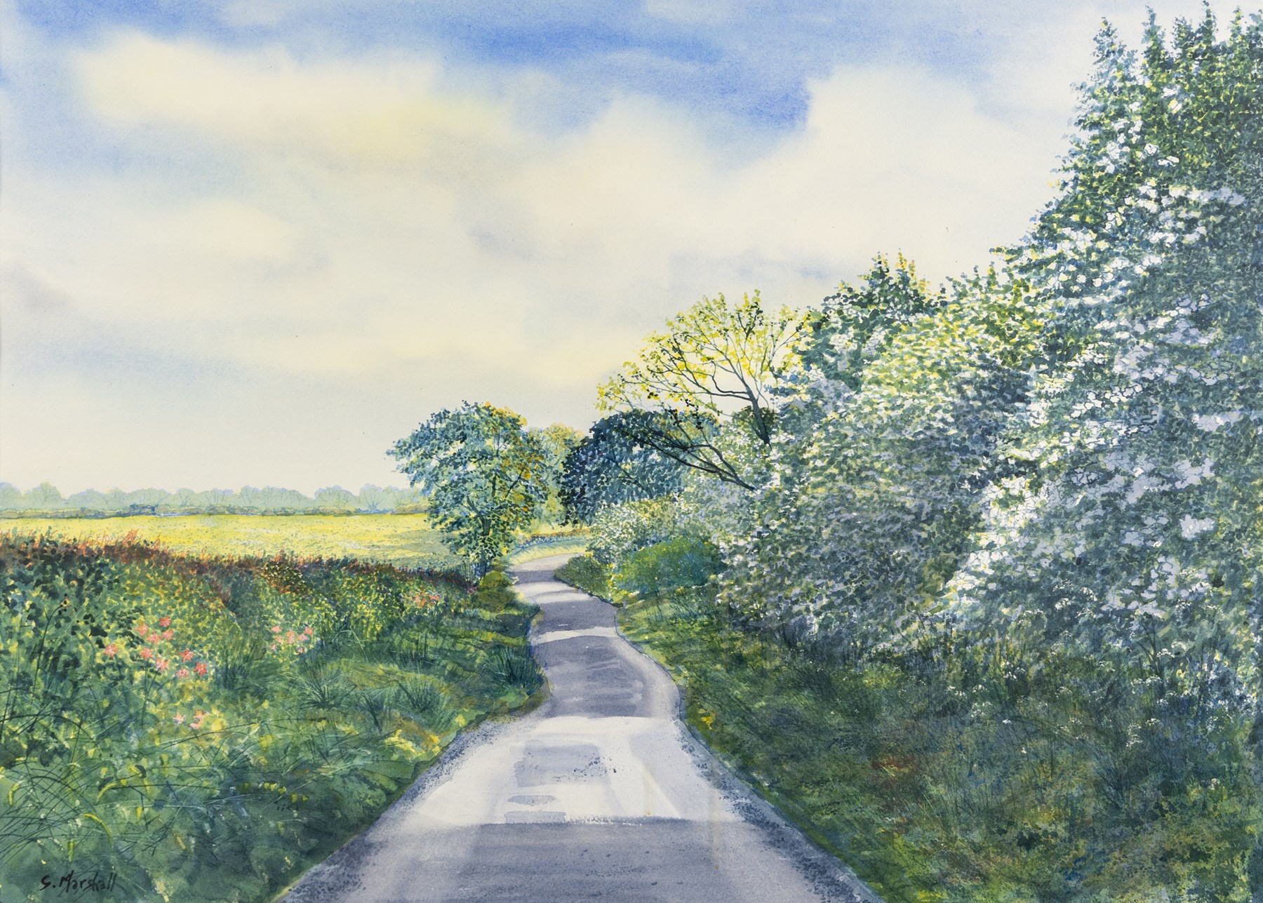 English School (20th century): Ouse Bridge at Dusk, watercolour possibly signed below the mount 51cm x 71cm; Glen Marshall (British Contemporary): A Yorkshire Countryside Path, watercolour signed 51cm x 71cm, in matching gilt frames (2)