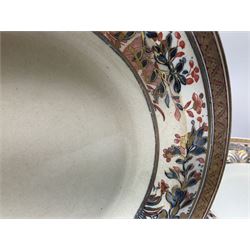 Victorian Wedgwood part dinner service, comprising meat platter, covered tureen, covered sauce dish and stand, seven soup bowls, nine dinner plates and five side plates, together with 19th century Soho Pottery satsuma pattern soup tureen with cover, stand and ladle