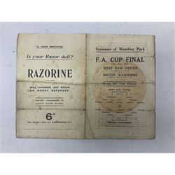 Souvenier(sic) of Wembley Park for the F.A. Cup Final April 28th 1923 West Ham United v Bolton Wanderers; the first cup final to be played at Wembley; Plan of the Field with teams to upper cover; published by Keene's One-Night Cures Co. Ltd. with colour advertisement inside; folded single sheet 19 x 25cm open
