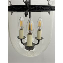 Vaughan Designs - Regency design bronzed metal and glass hall lantern, three branch light in glass bell, the band decorated with bell flower garlands and serpentine mythical beast chain brackets