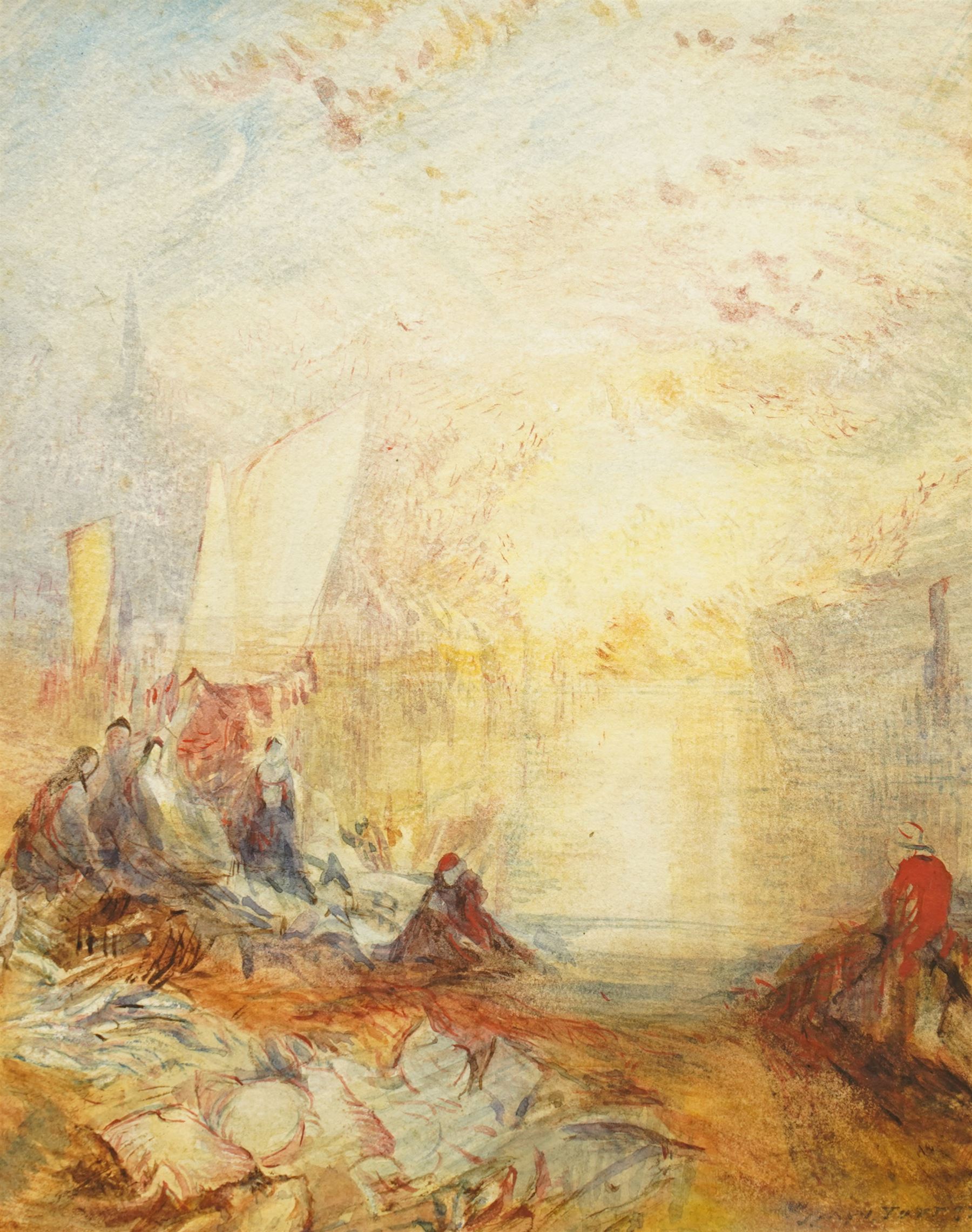 After Joseph Mallord William Turner (British 1775-1851): 'Sunset: A Fish Market on the Beach', watercolour on wove paper bearing signature, inscribed and signed verso 22cm x 17cm (unframed)