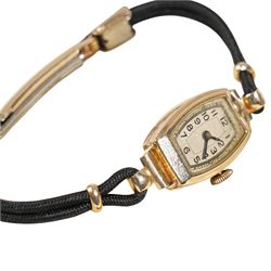 Ladies 9ct gold wristwatch on black rope and rolled gold strap