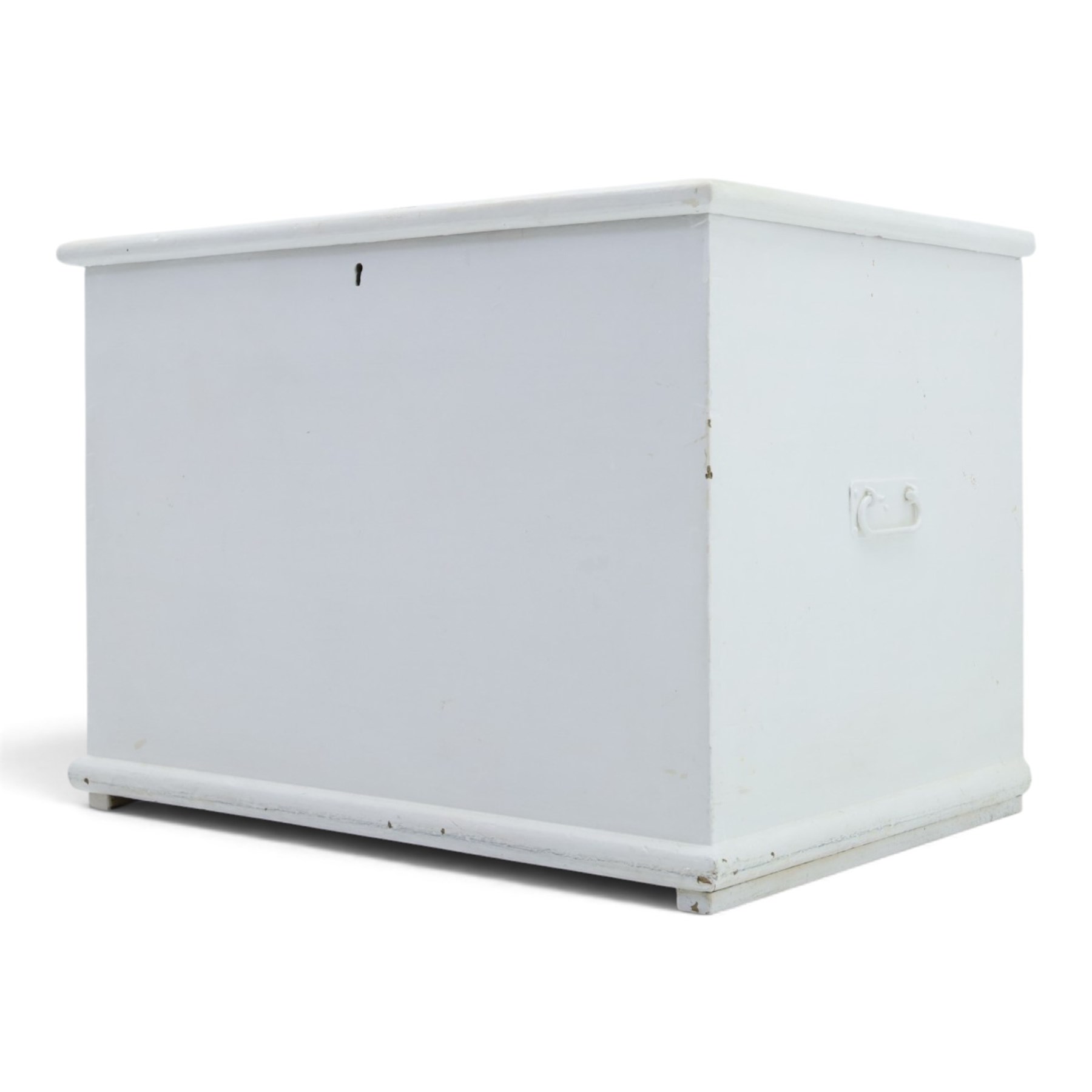 Victorian white painted pine blanket chest, with iron strap hinges, with fitted candle box, metal carrying handles