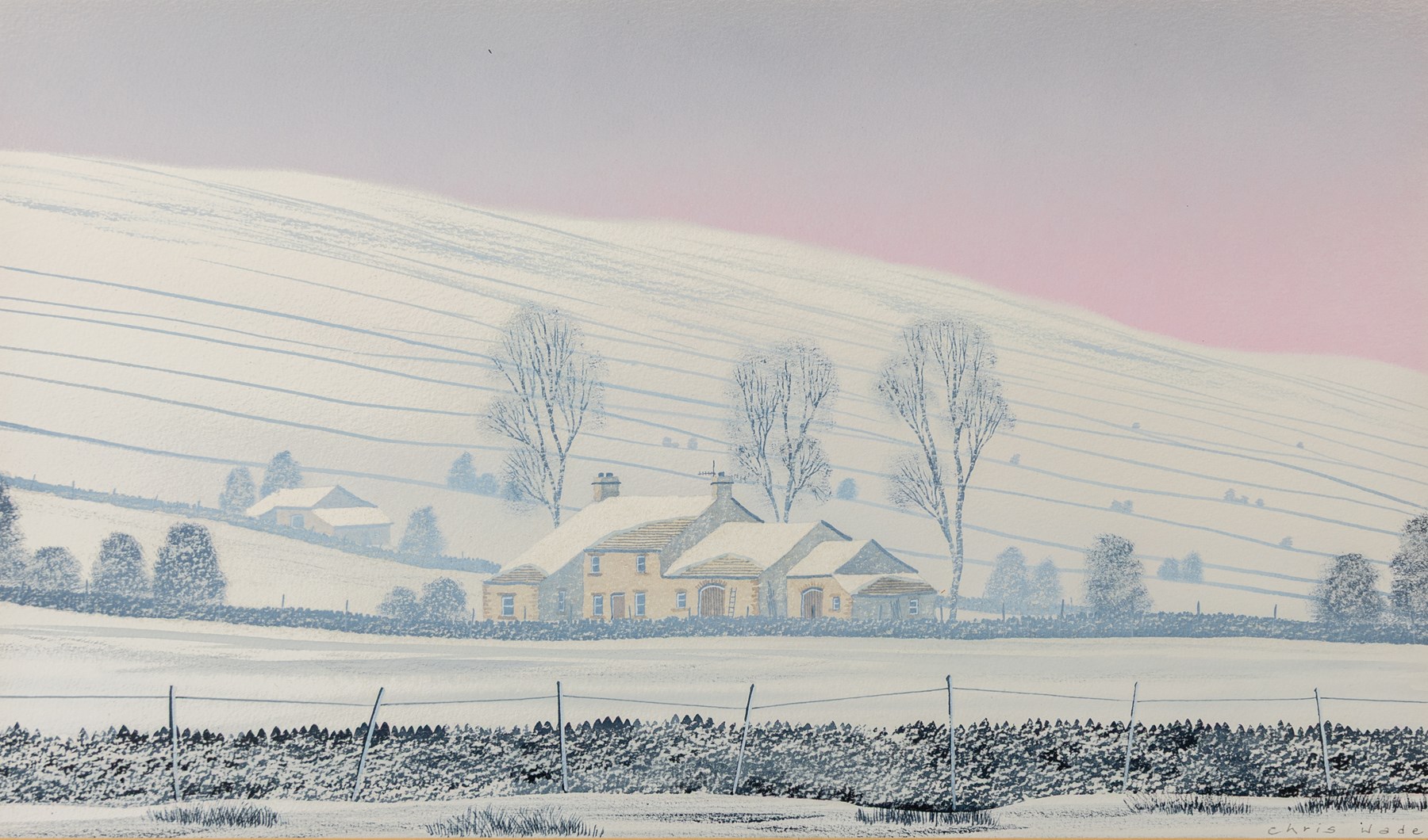 Chris Wade (British 1954-2008): 'Winter Evening - Bishopdale', mixed media signed, titled on label verso 21cm x 36cm