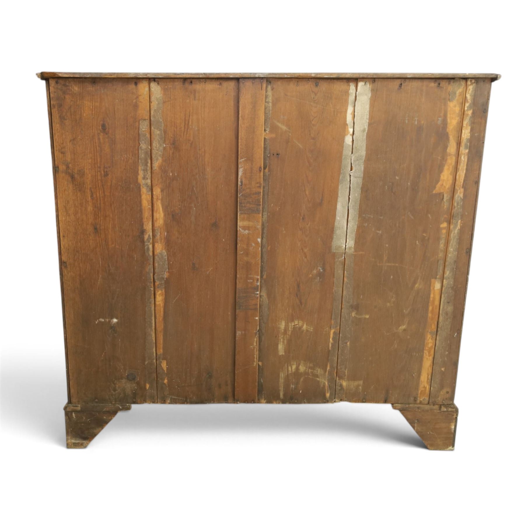 18th century oak chest, fitted with two short and three long graduating drawers, bone escutcheons and brass swan neck handles, bracket feet