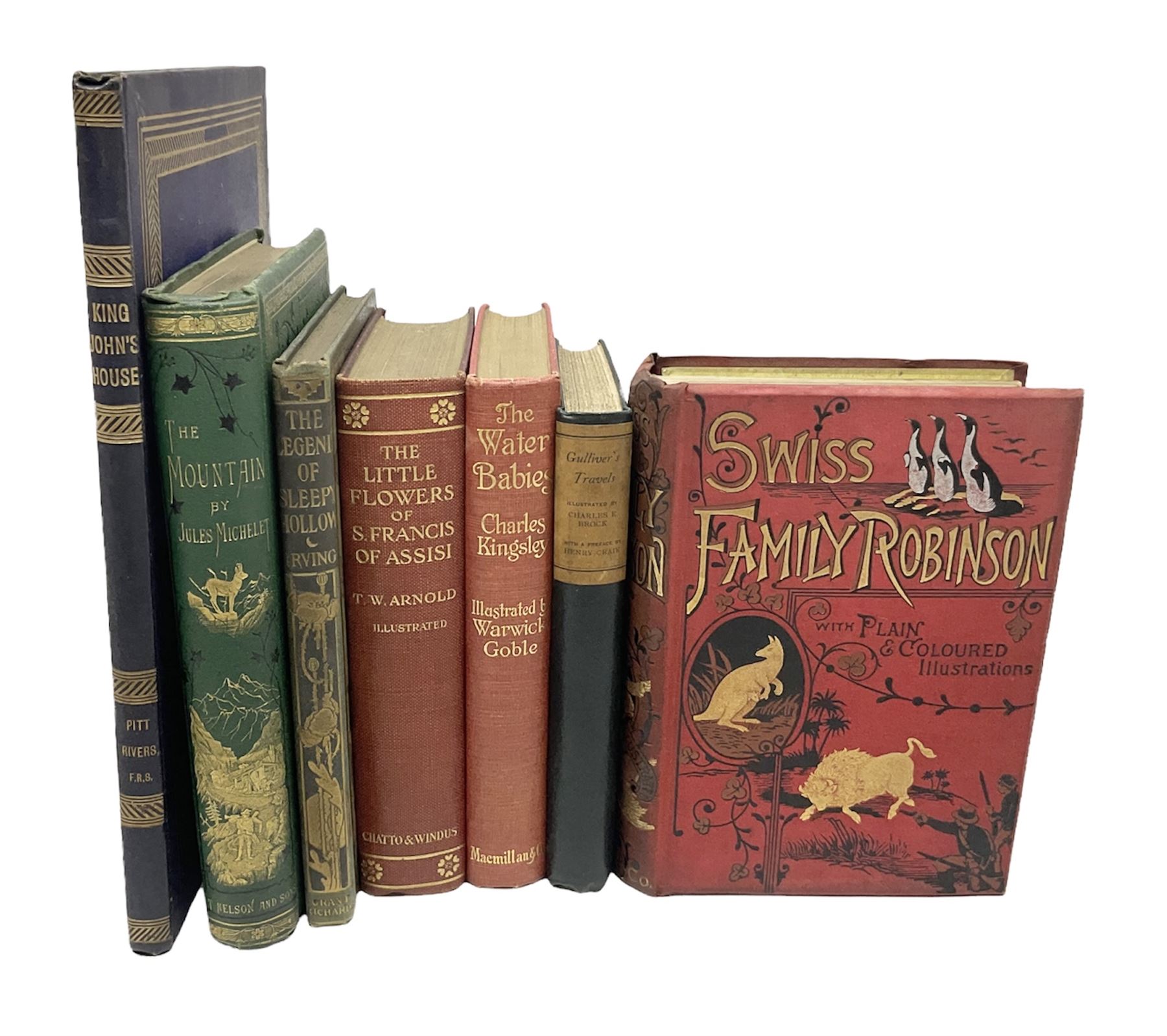 'The Little Flowers of Saint Francis of Assisi', translated by trans Sir Thomas Walker Arnold, Irving, Washington ; 'The Legend of Sleepy Hollow', illustrated my Keller, Arthur, Swift, Jonathan: 'Gulliver's Travels', illustrated by Charles Brock, 'Swiss Family Robinson' translated by Mrs H.B Paull and other books