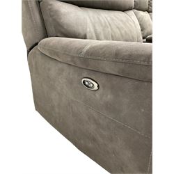 DFS - 'Vinson' two-seat electric reclining smart sofa upholstered in stitched grey fabric, the central console fitted with storage compartment and two drink holders, electric reclining with USB charging ports 