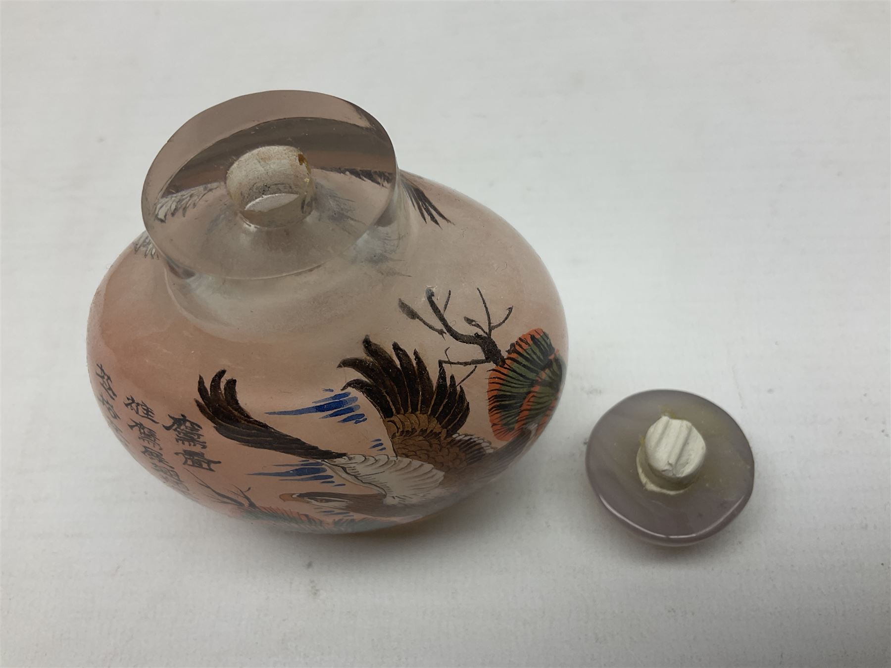 Seven Chinese glass snuff bottles painted with figures and animals, together with three wood mounted bone examples