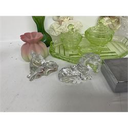Uranium glass dressing table, bleikristall horse figures, dimple vase with silver collar, etc 