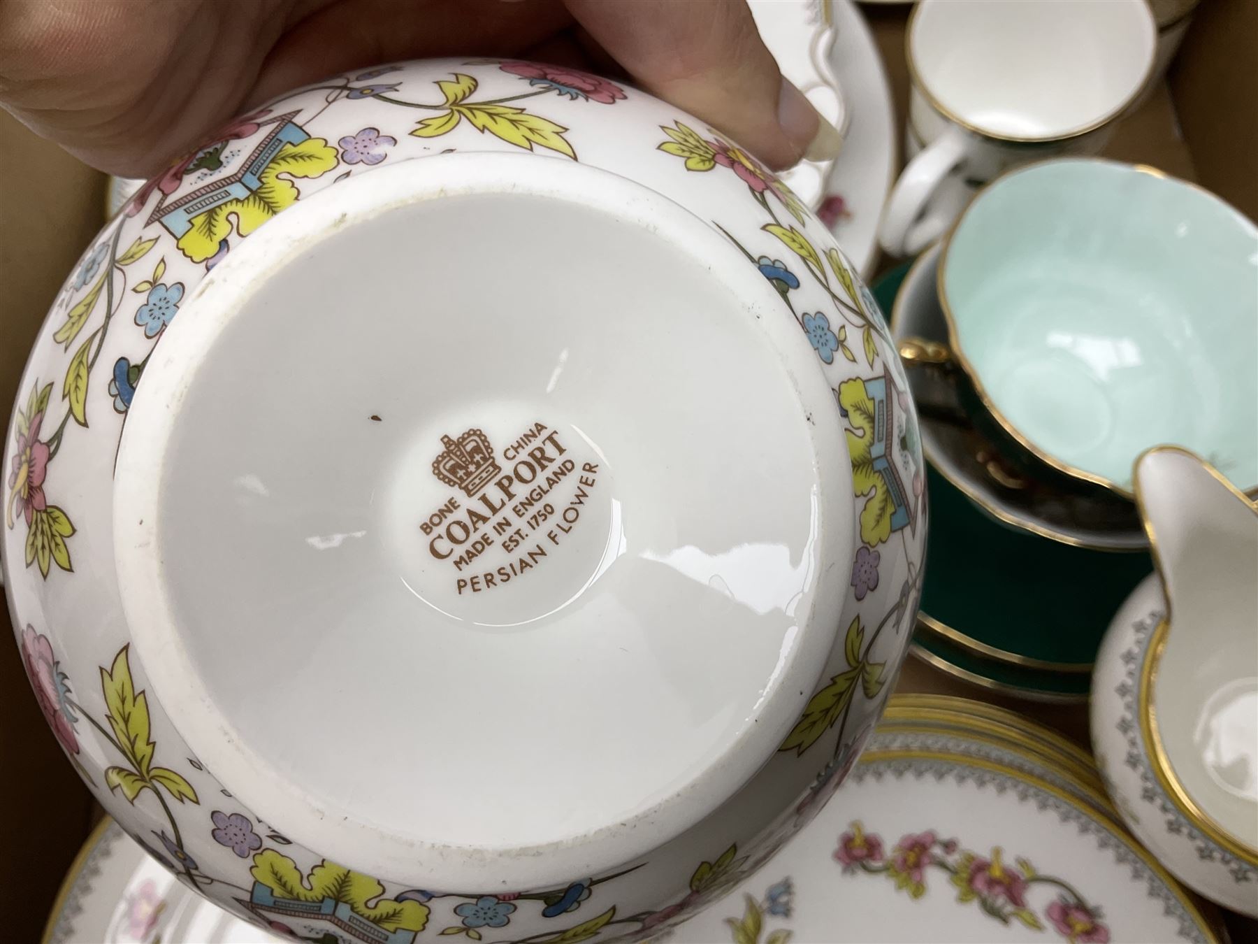 Coalport 'Persian Flower' part tea service for four, together with Elizabethan 'Cavendish' cups and saucers, Border Fine Arts dog figure, other teawares and ceramics, metalware etc in two boxes
