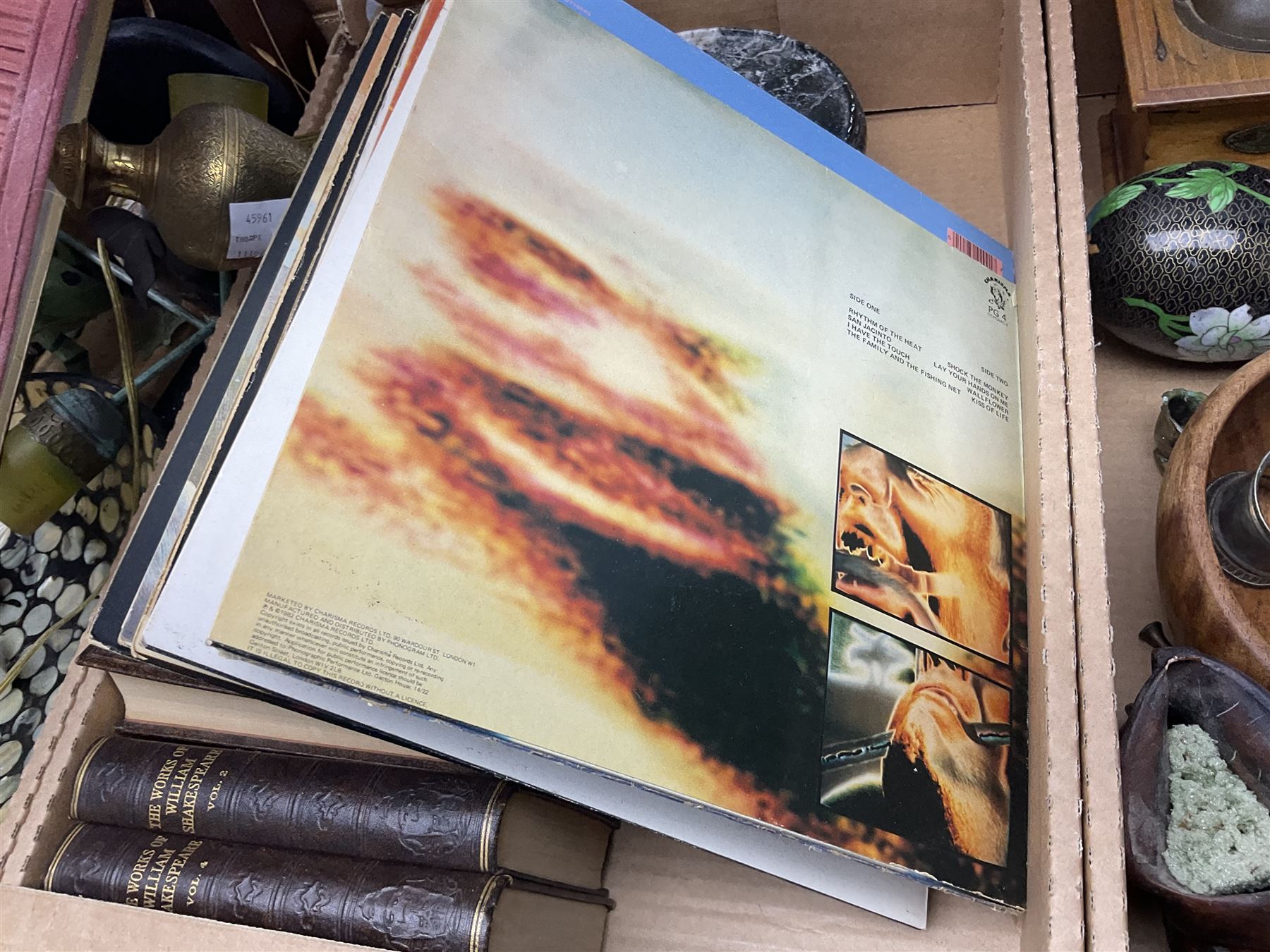 20th century Postilion brass and agate carriage clock with bevelled glass panel, H13cm, Peugeot Freres coffee grinder, silver-plate, figures, quantity of vinyl records, four The Works of William Shakespeare pub Odhams Press, brass lamp etc in three boxes