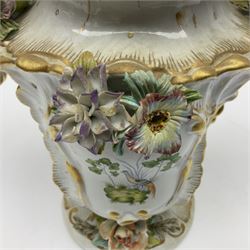 Continental vase and cover, with painted panels of birds in foliage, with applied flower decoration to the body and cover, H38cm 