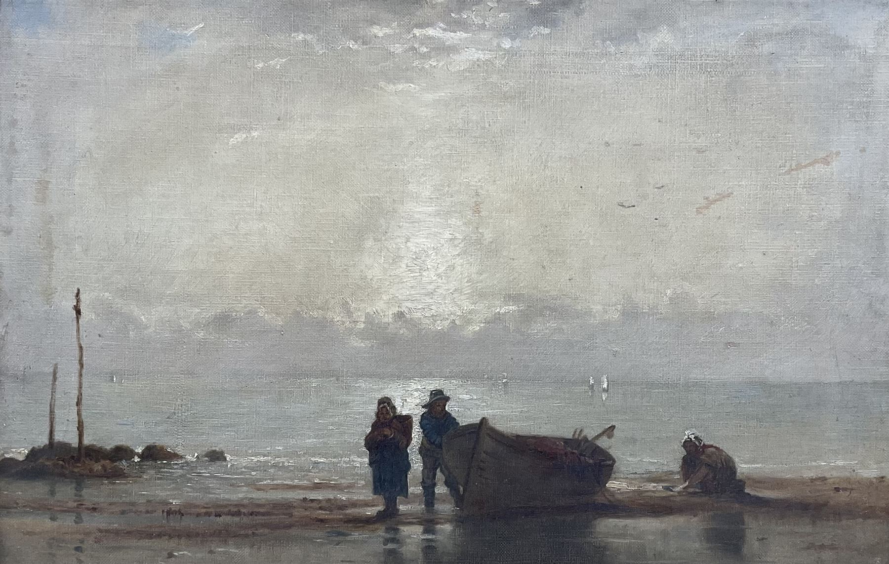 English School (19th century): Fisher Folk and Coble on the Beach at Sunset, oil on canvas unsigned 30cm x 45cm