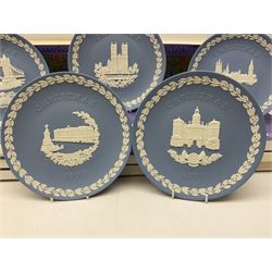 Eleven Wedgwood Jasperware Christmas collectors plates London Landmarks, comprising 1969 Windsor Castle, 1970 Trafalgar Square, 1971 Piccadilly Circus, 1972 St Pauls Cathedral, 1973 Tower of London, 1974 House of Parliament, 1975 Tower Bridge, 1976 Hampton Court, 1977 Westminster Abbey, 1978 Horse Guards and 1979 Buckingham Palace. all in original boxes  