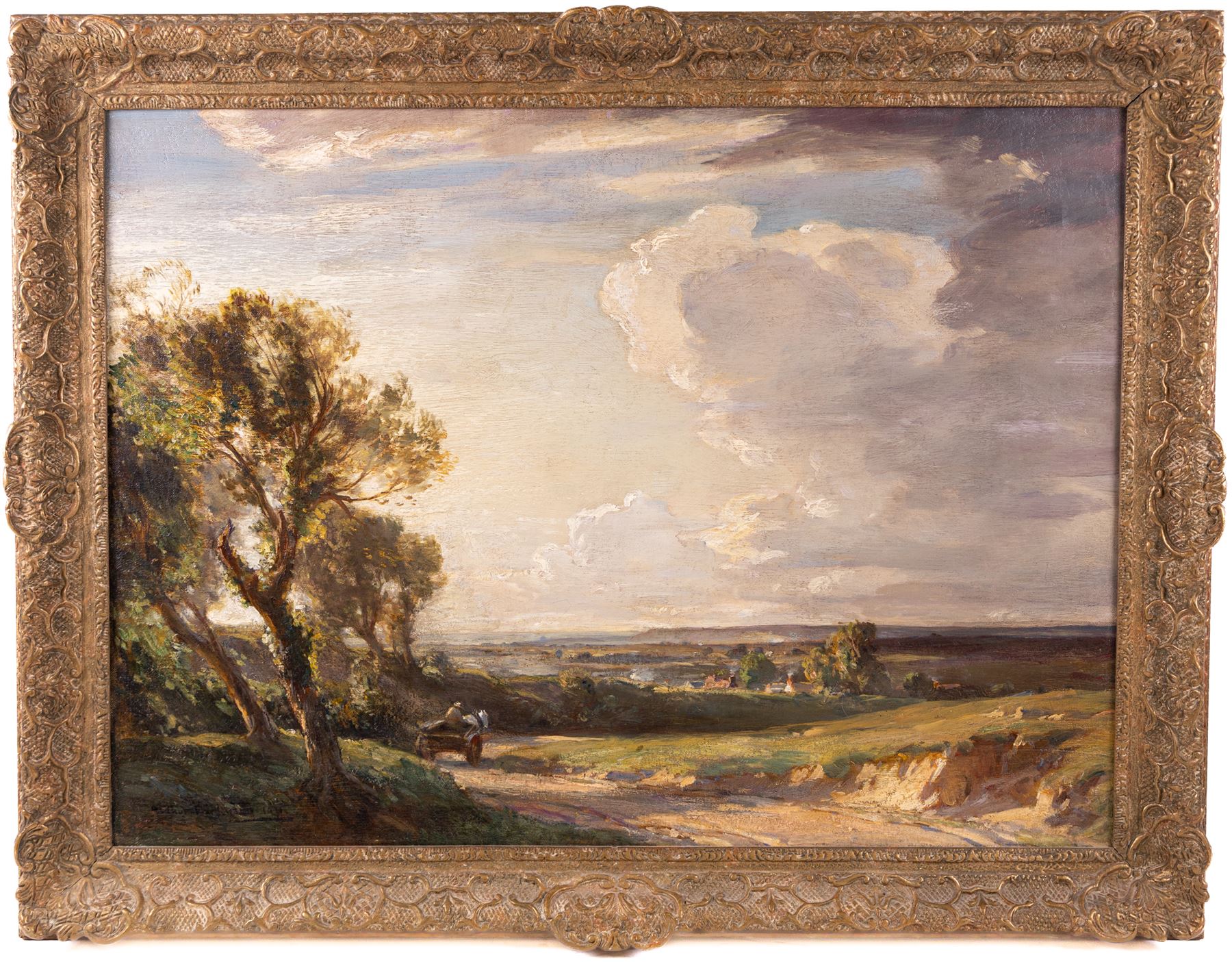 Arthur A Friedenson (Staithes Group 1872-1955): 'A Dorset Valley - Late Afternoon', oil on canvas signed and dated 1921, original title label verso 55cm x 75cm