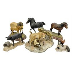 Collection of Border Fine Arts figures, comprising Exmoor Stallion A4058, Highland Mare & Stallion A2691, Welsh Cob A20804, On The Farm A0167, calf figure with bucket and figure group of cow and farmer with cat and kittens (6)