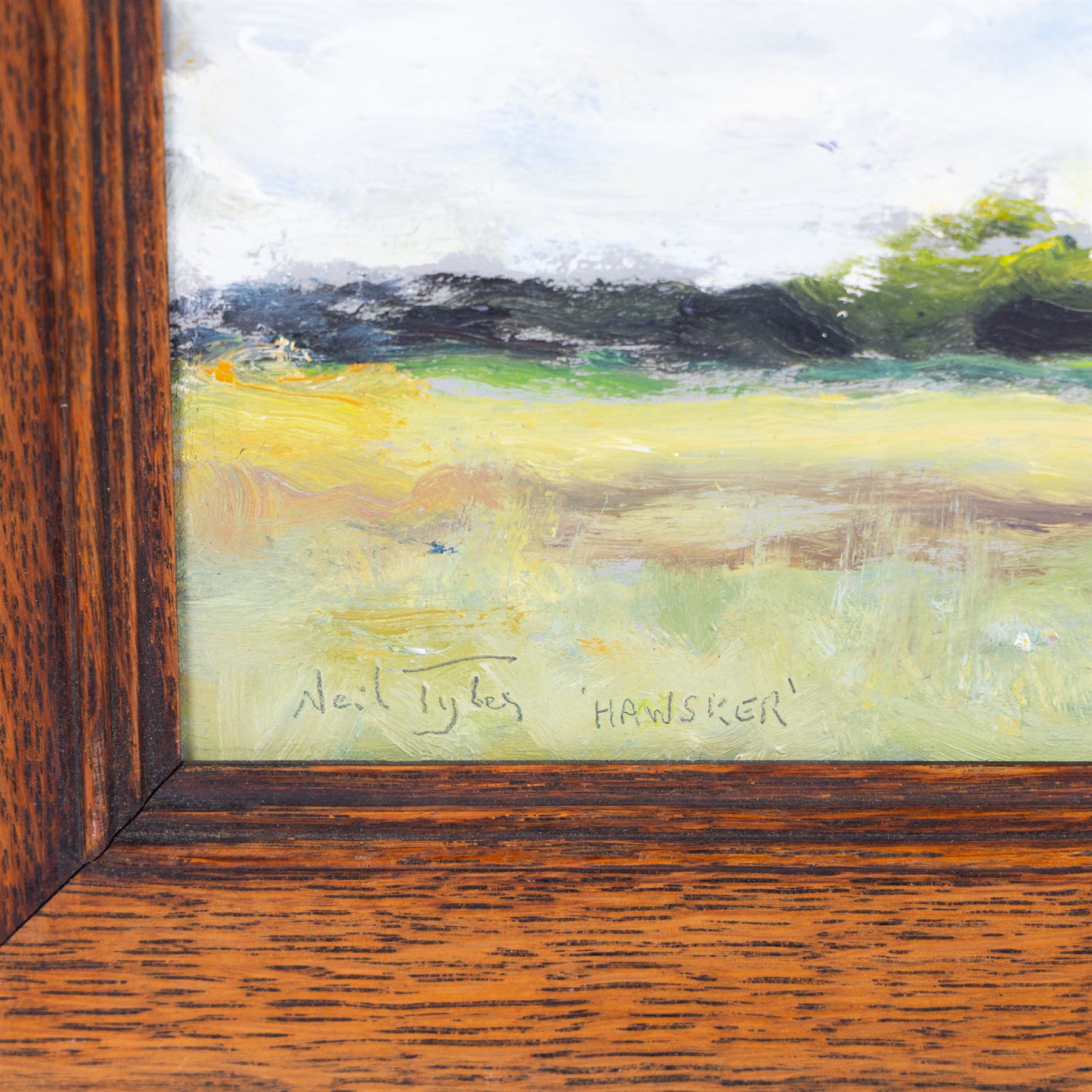 Neil Tyler (British 1945-): 'Hawsker Church', oil on board signed and titled, landscape sketch verso 29cm x 48cm