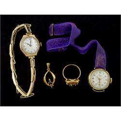 Two gold ladies manual wind wristwatches, on one gold expanding strap, gold pendant and stone set ring, all 9ct 