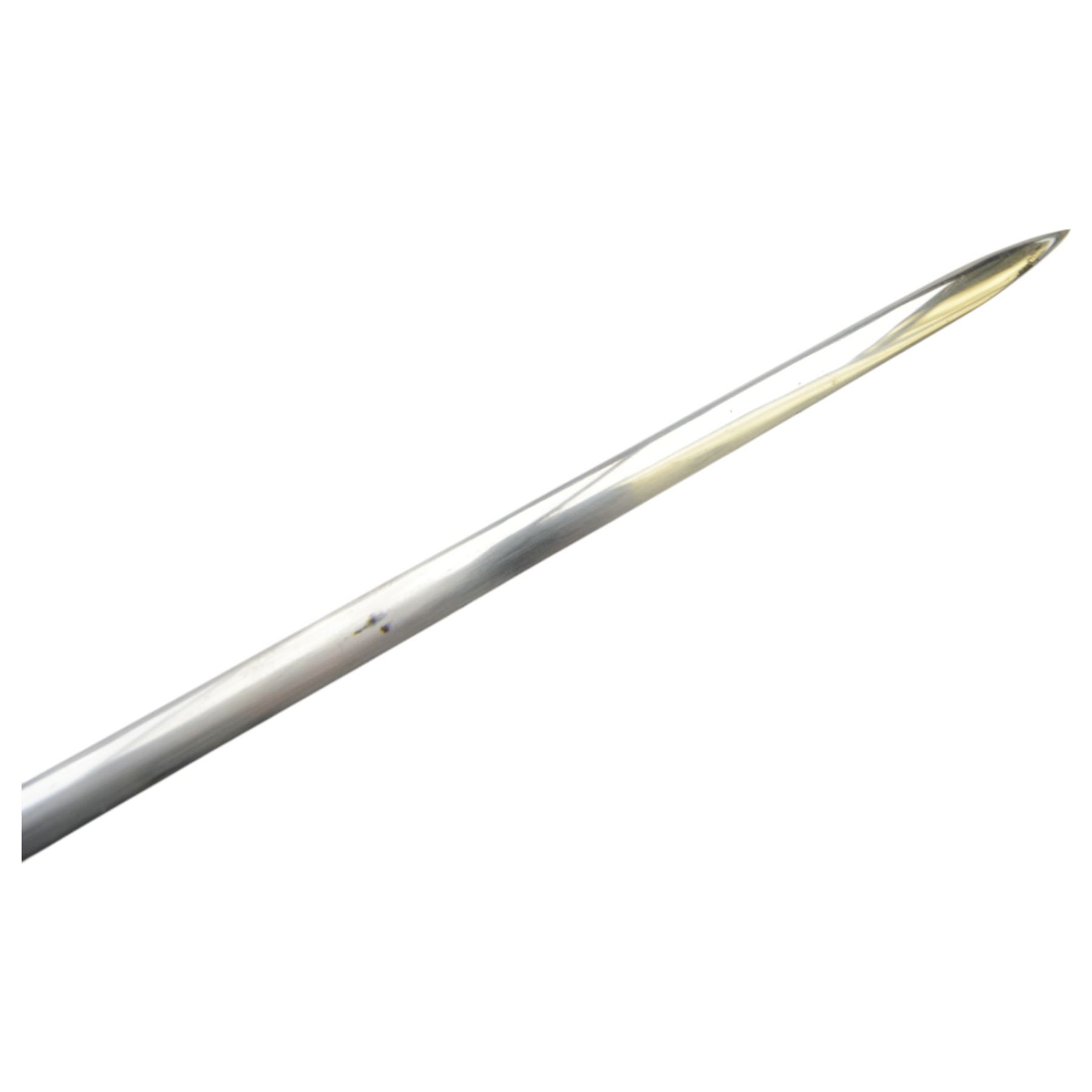 Victorian court and diplomatic ceremonial sword, the 79cm blade finely etched with scrolling motifs and engraved Huntsman Marlboro St, London, with crown pommel, wire bound grip, bow shaped guard and crossguard with gilt shell guard and crowned VR cypher,  in a brass mounted leather scabbard, overall L91cm
