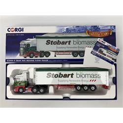 Corgi Eddie Stobart - two special edition Hauliers of Renown; CC13754 Scania R Facelift Box Step Frame Trailer and CC13756 Scania R (Rear Tag) Moving Floor Trailer; and limited edition Hauliers of Renown CC13747 Scania R (Face Lift) Super Curtainside Trailer; all boxed (3)