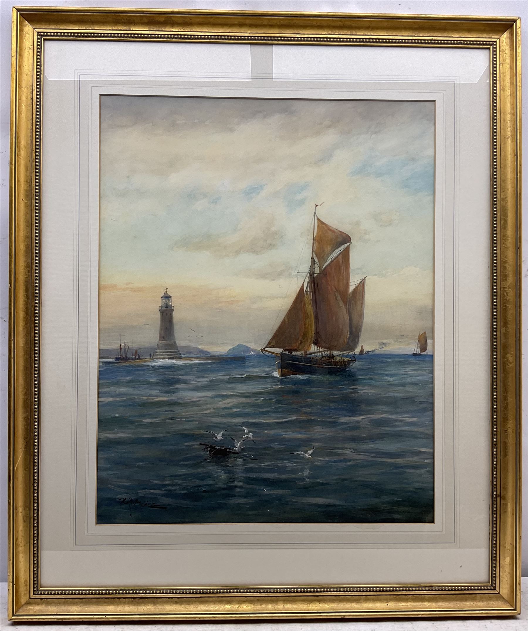 George Henry Jenkins (British 1838-1914): Falmouth Boat Rounding the Lighthouse, watercolour signed 74cm x 58cm