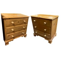 Pair pine bedside chests, rectangular top over three drawers, raised on ogee feet