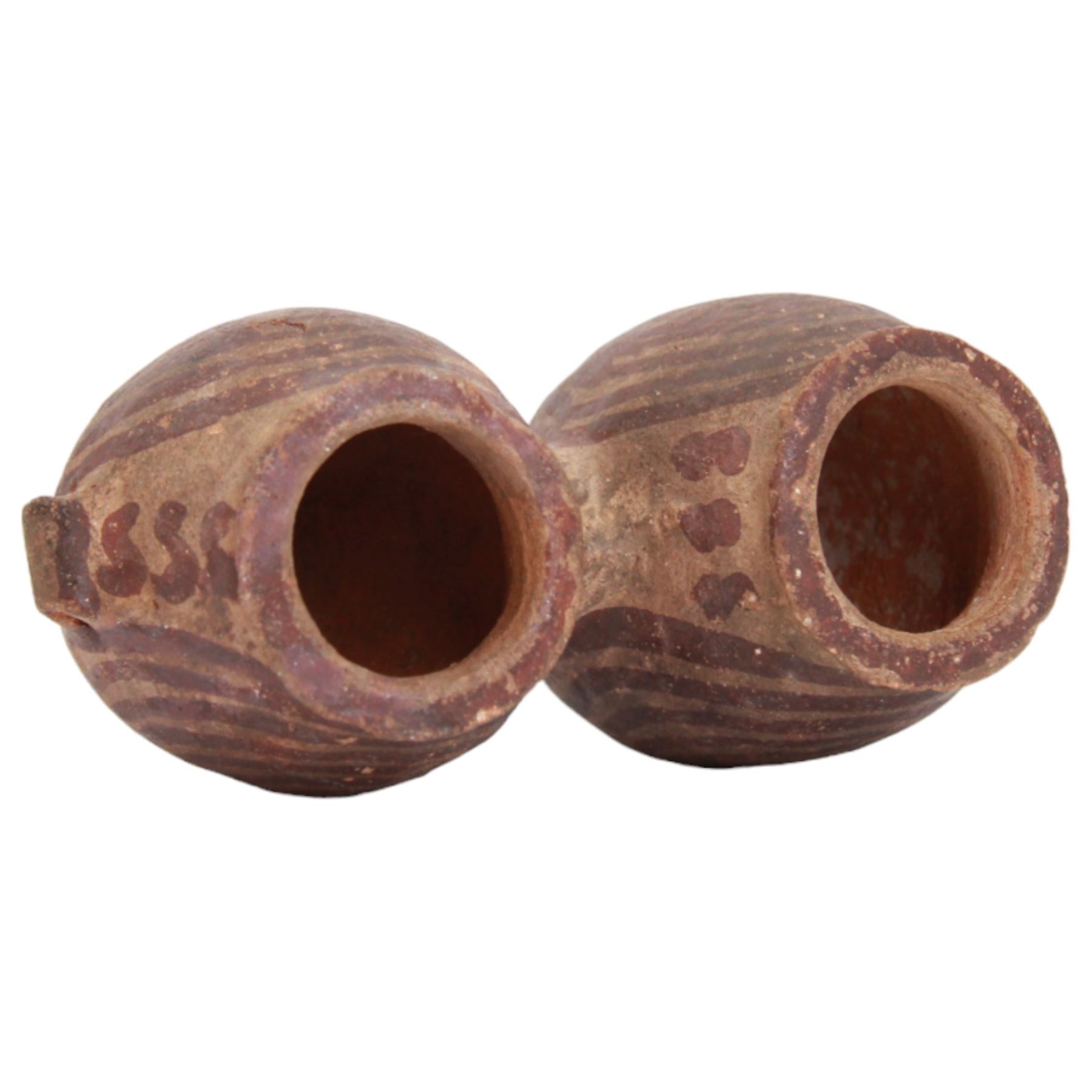 Miniature Egyptian pottery double-bodied jar, Predynastic Period, the two conjoined jars of ovoid form, each with pierced lug handle, and painted with spirals, tapering to flat bases, bearing Sotheby's label, H6cm W10cm
