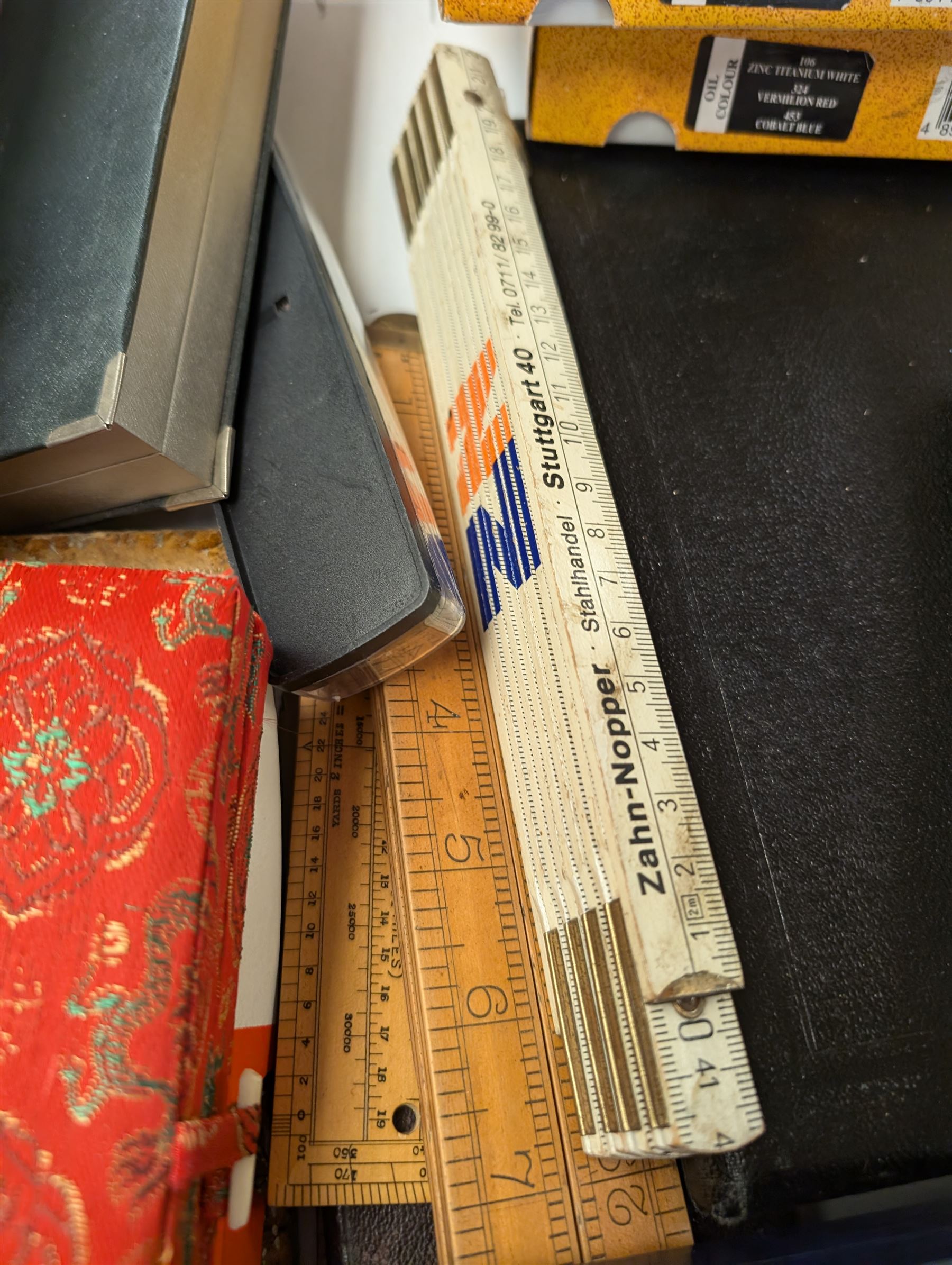 Platignum Elite fountain pen, boxed, other boxed pens, and a collection of drawing instruments and slide rules, including Rabone examples