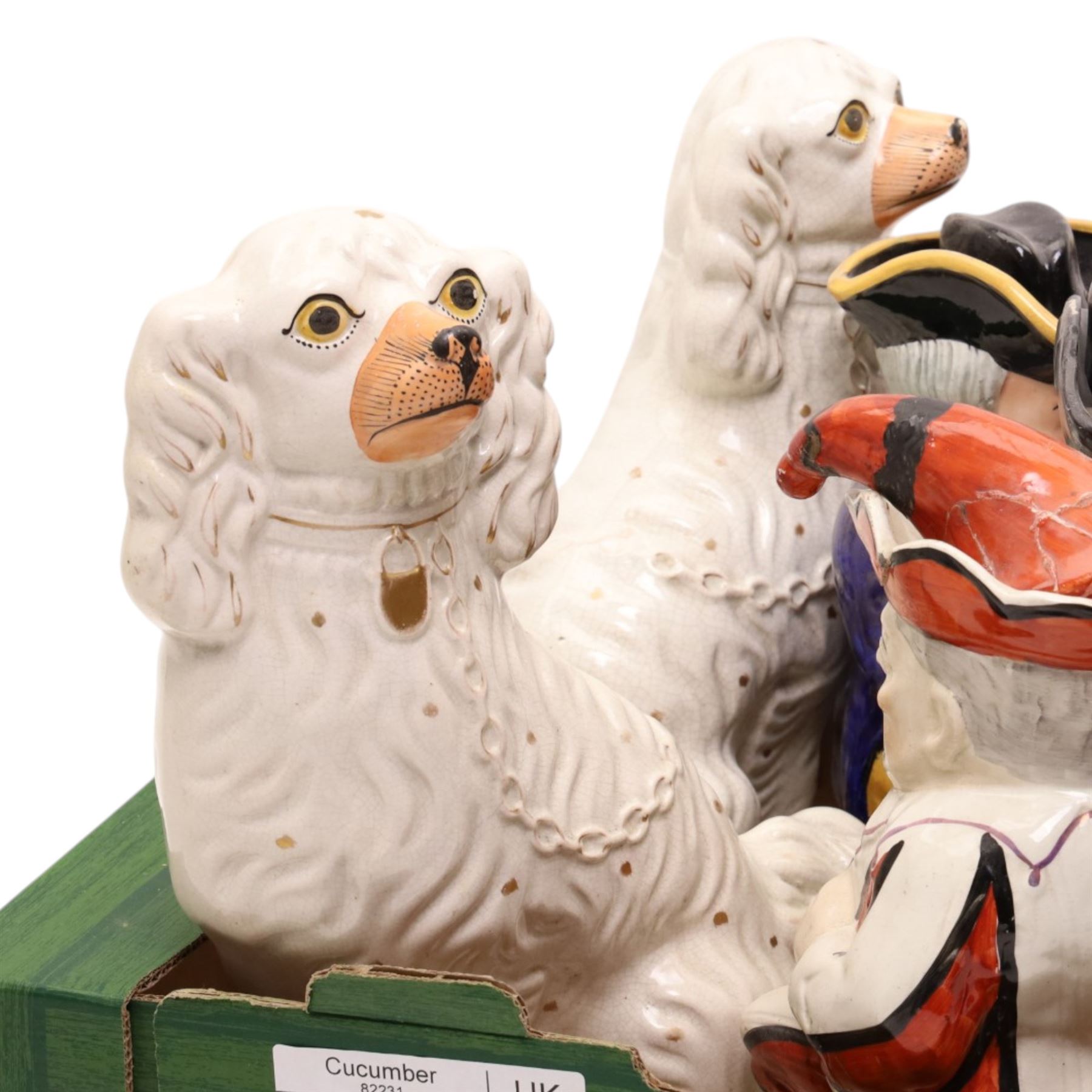 Pair of Staffordshire pottery spaniels H32cm, smaller pair and three Toby jugs
