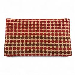 Late 20th century Georgian style wingback armchair with matching footstool, upholstered in red and cream geometric fabric, raised on cabriole front legs