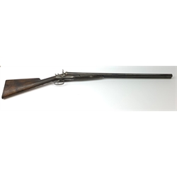 19th century Thomas Horsley's Patent 12-bore side-by-side double barrel hammer shotgun with pull-back top lever opening, walnut stock and 71cm replacement barrels by Wild of Birmingham, No.1743, L113cm overall SHOTGUN CERTIFICATE REQUIRED