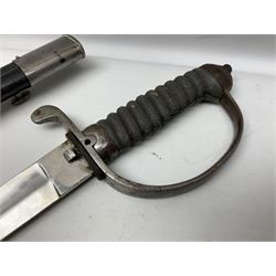 Mid-19th century Custom’s officer/Constabulary sidearm, with plain 60.5cm slightly curving fullered blade double edged at tip,  steel knucklebow and downswept quillon, stepped pommel and ribbed fishskin grip; in leather covered scabbard with steel locket, frog stud and chape L76cm overall