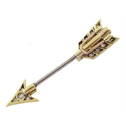 Early 20th century milgrain set rose cut diamond arrow brooch, with detachable gold and platinum feather