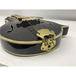 Eastern F-hole eight-string mandolin with black finish and mother-of-pearl inlay of a man riding a winged horse/unicorn amongst clouds and stars with playing card suits to the fingerboard L71cm
