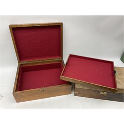 Early 20th century oak canteen box, the hinged lid decorated with marquetry banding and brass shield shaped plaque lifting to reveal red lined interior with lift out tray,  together with a walnut writing slope for restoration, largest L41cm, H44.5cm D33cm