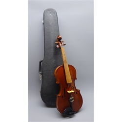  Late 19th century French JTL violin with 36cm two-piece maple back and ribs and spruce top, stripped finger board, L59cm, in carrying case  