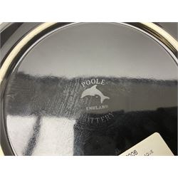 Four pieces of Poole Pottery in Graffiti pattern, comprising pair of vases of baluster form, dish and small plate, with impressed or printed marks beneath, vase H17cm