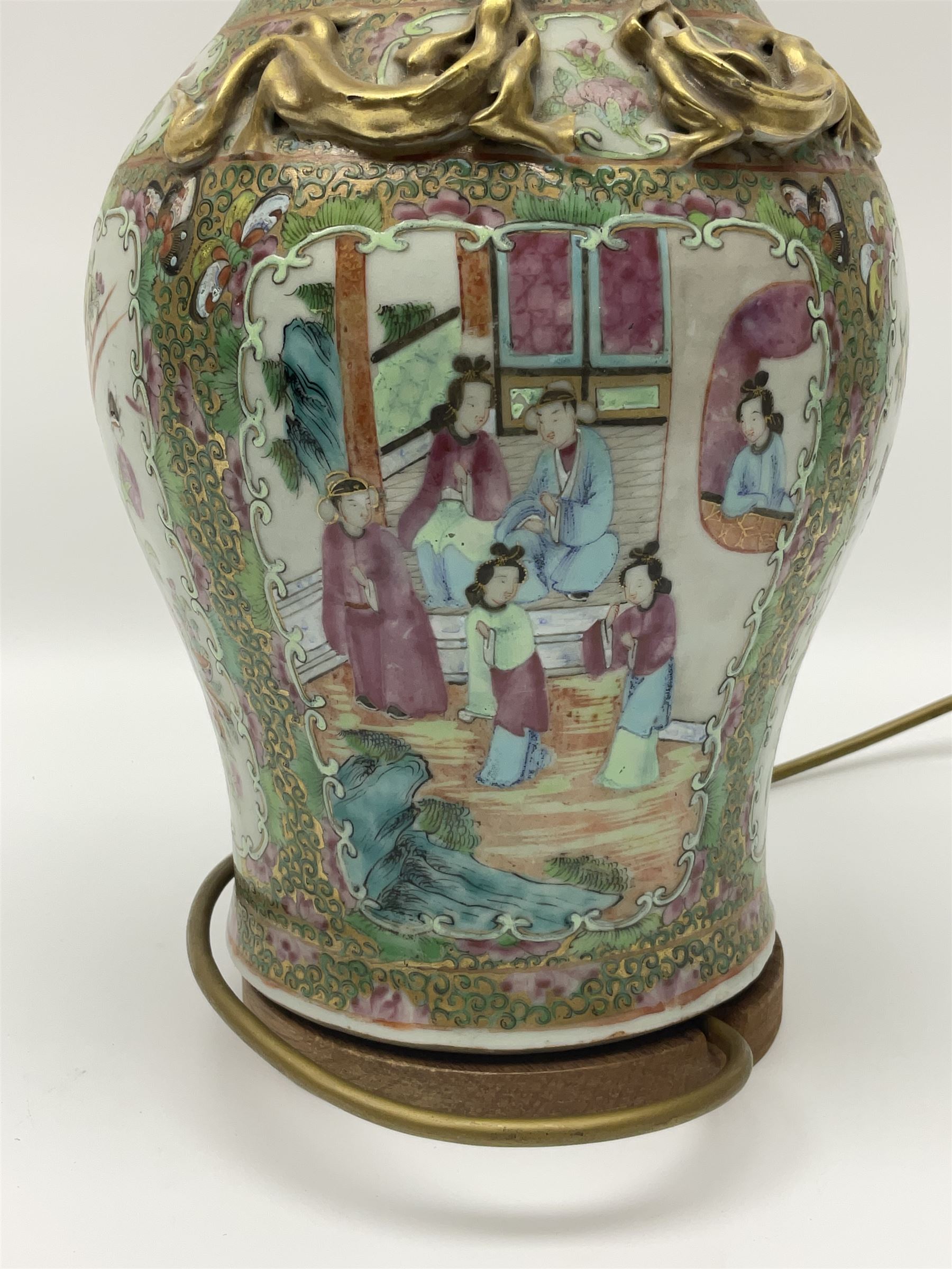 19th century Chinese Canton Famille Rose vase, decorated with figural panels against floral and foliate scroll ground, converted to a lamp, H46cm