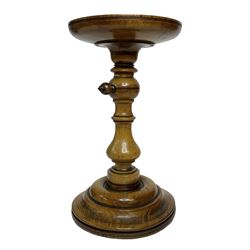 19th century walnut adjustable candle stand, probably a lace makers stand, with adjustable circular platform upon a turned knopped and baluster stem, and spreading stepped foot, platform D13.5cm overall H24cm