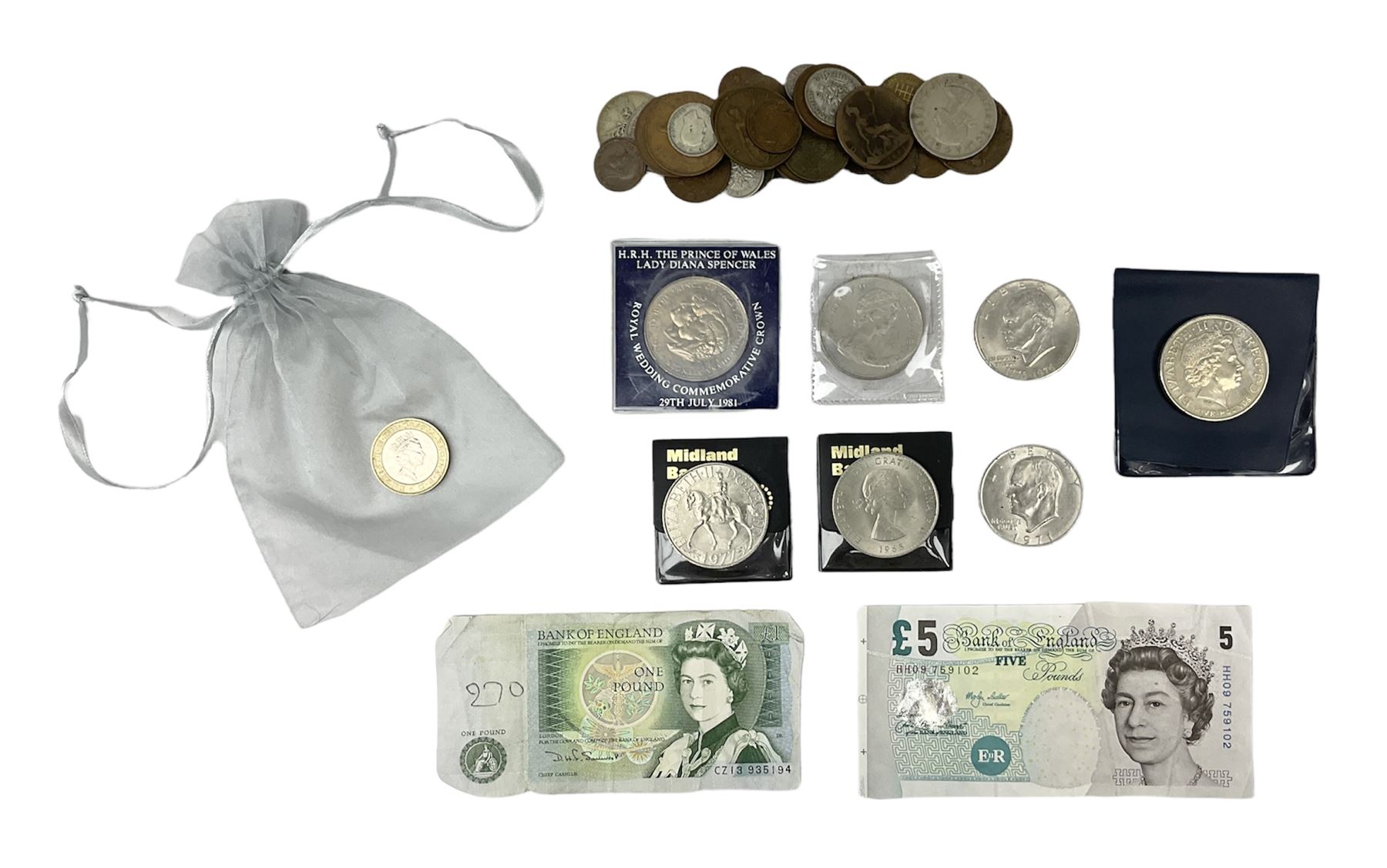 Coins and banknotes, including Lowther mis-printed five pound note 'HH09', Somerset one pound note 'CZ13', United States of America 1971 and 1976 one dollar coins, Great British commemorative crowns, Queen Elizabeth II 1997 two pound coin, 2008 five pound coin, King George V 1920 and 1931  florins and various other pre-decimal coins